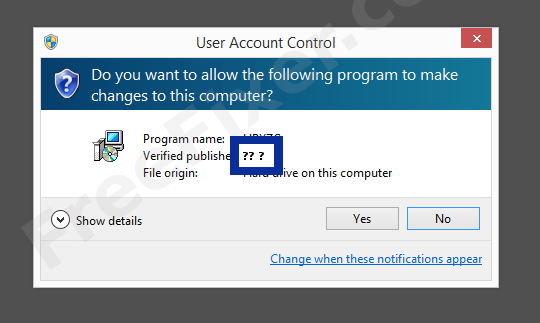 Screenshot where ?? ? appears as the verified publisher in the UAC dialog